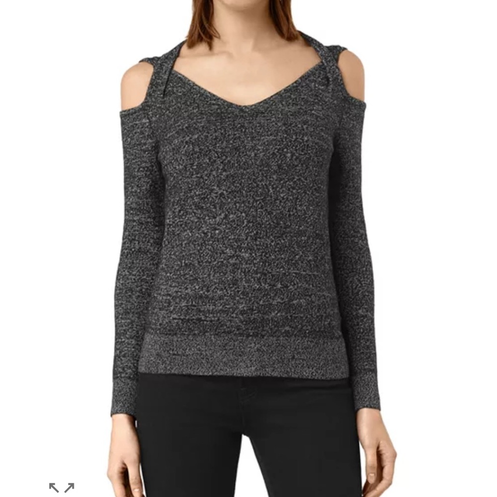 All Saints Neri Twist Cold Shoulder Sweater Merino Wool Charcoal Gray medium
